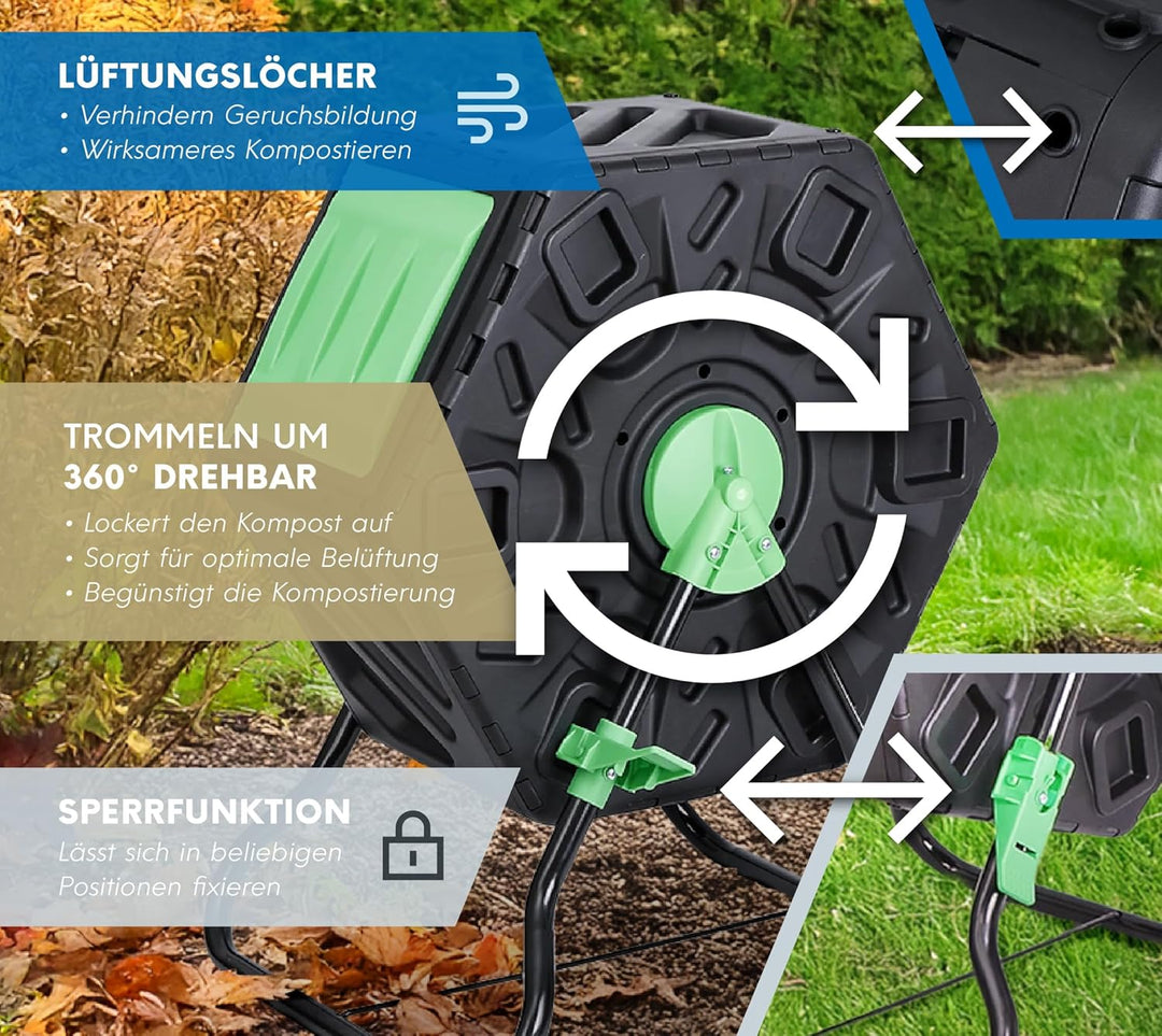 WESTMANN Kunststoff Trommelkomposter Humus | 60 L rotierender Komposter | Mobiler Kompostierer für G