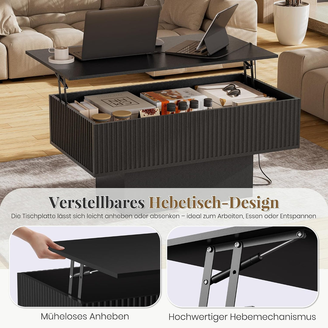 38,2" Lift-Top-Couchtisch mit Stauraum und LED-Beleuchtung, Moderner geriffelter Massivholz-Couchtis