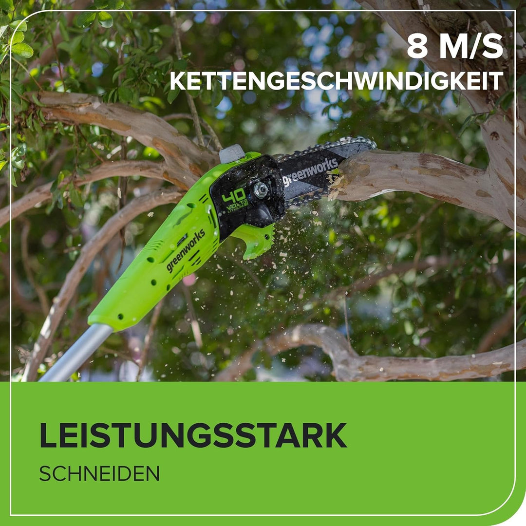 Greenworks G40PSFK2 Akku Hochentaster,20 cm Blattlänge, 8 m/s Kettengeschwindigkeit, 3,64 kg, automa
