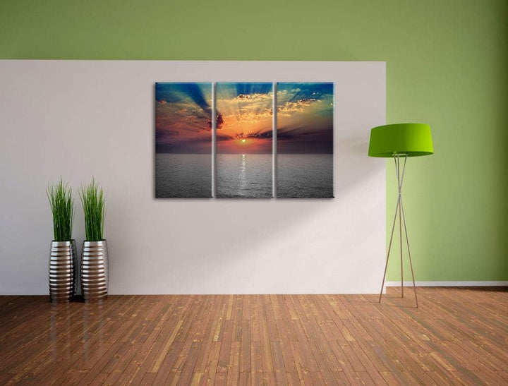 bezaubernder Sonnenuntergang über dem Meer schwarz/weiss 3-Teiler Leinwandbild 120x80 Bild auf Leinw