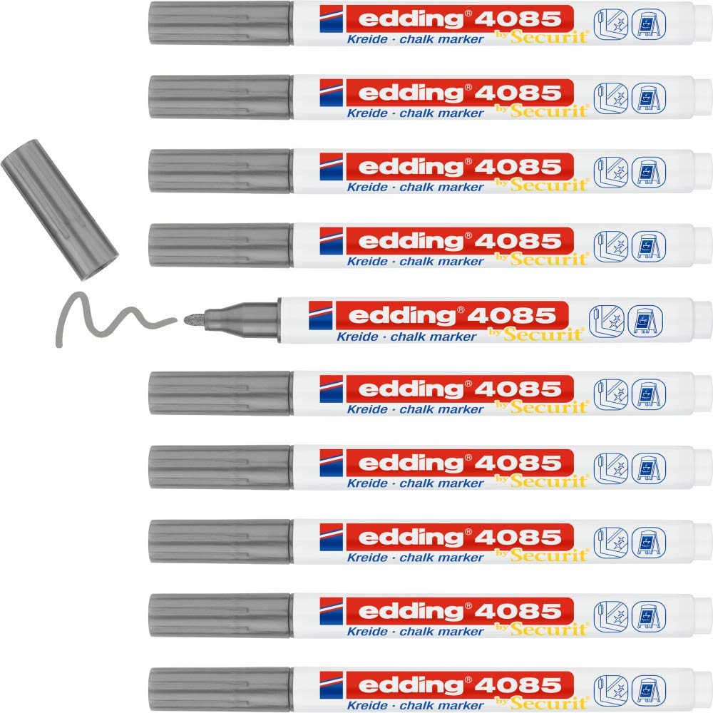 edding 4085 Kreidemarker - silber - 10 Kreidestifte - Rundspitze 1-2 mm - dünner Kreidestift für Taf