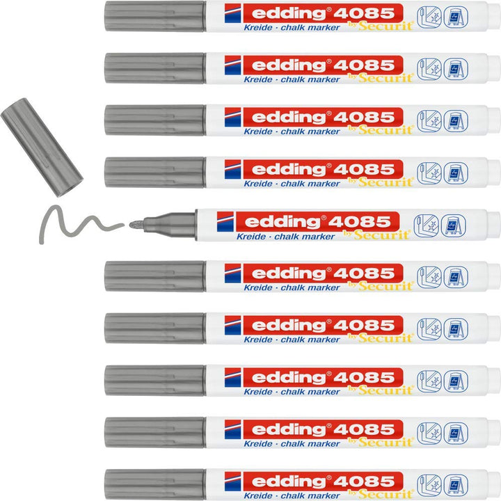 edding 4085 Kreidemarker - silber - 10 Kreidestifte - Rundspitze 1-2 mm - dünner Kreidestift für Taf