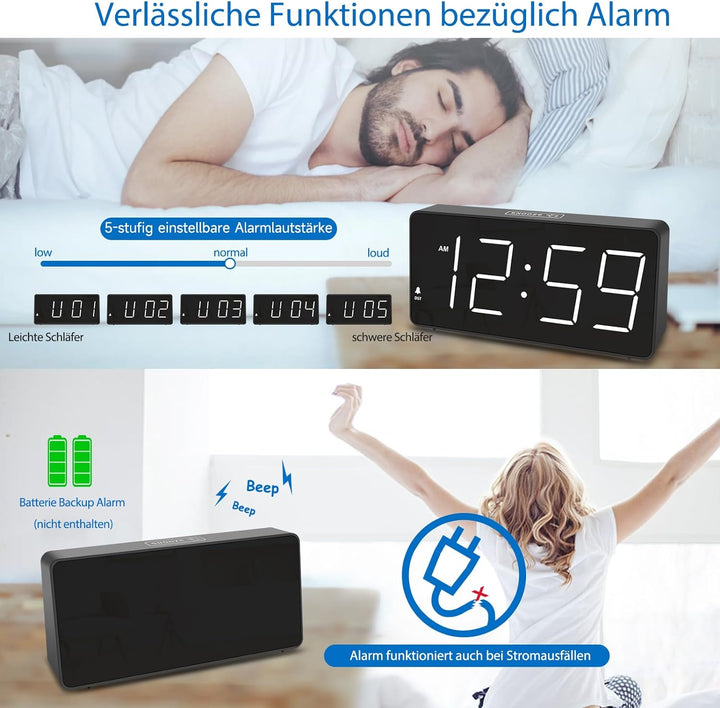 Eachui LED Wecker Digital mit Grossen Zahlen, Wecker mit Ladestation, Helligkeit und Lautstärke Rege
