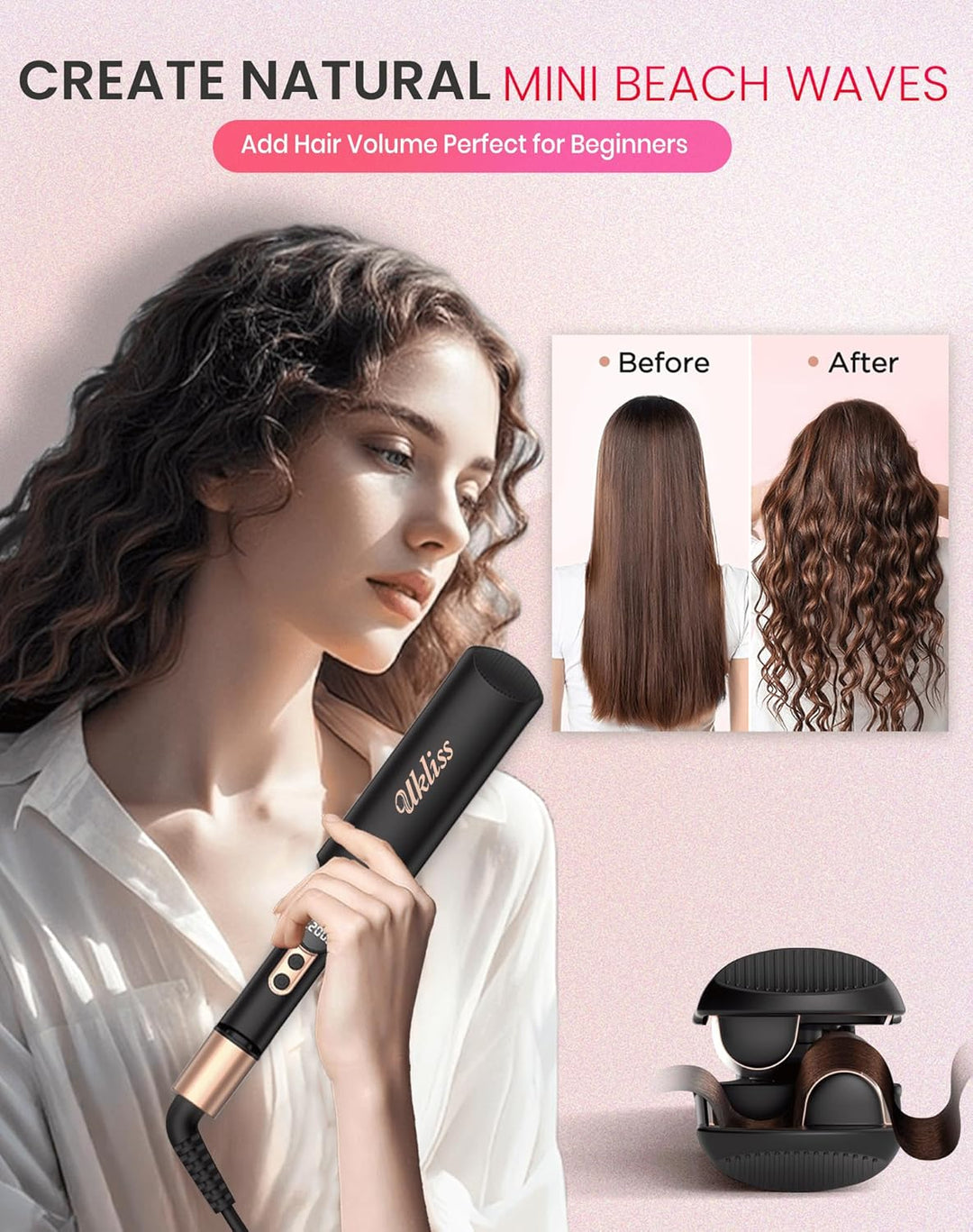 UKLISS Welleneisen, Pro Mini Welleneisen für Haare LCD-Anzeige 120-210℃, Reisegrösse Beach Waves Loc