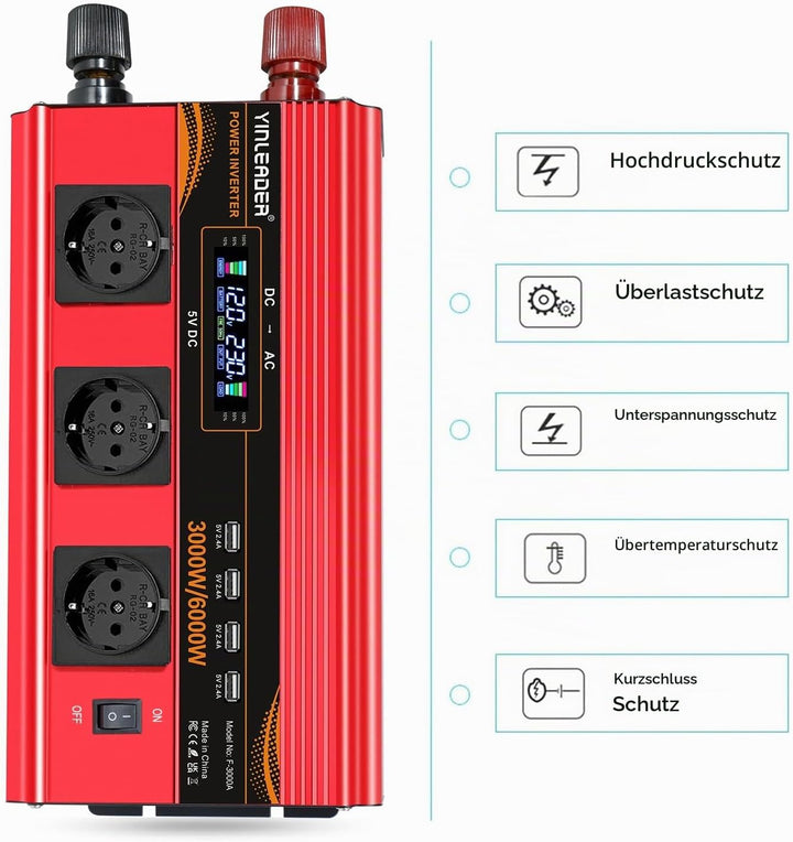Wechselrichter 12V 230V 3000W /6000W Wechselrichter Fernbedienung 4X USB und LCD 3 AC Steckdosen Mod