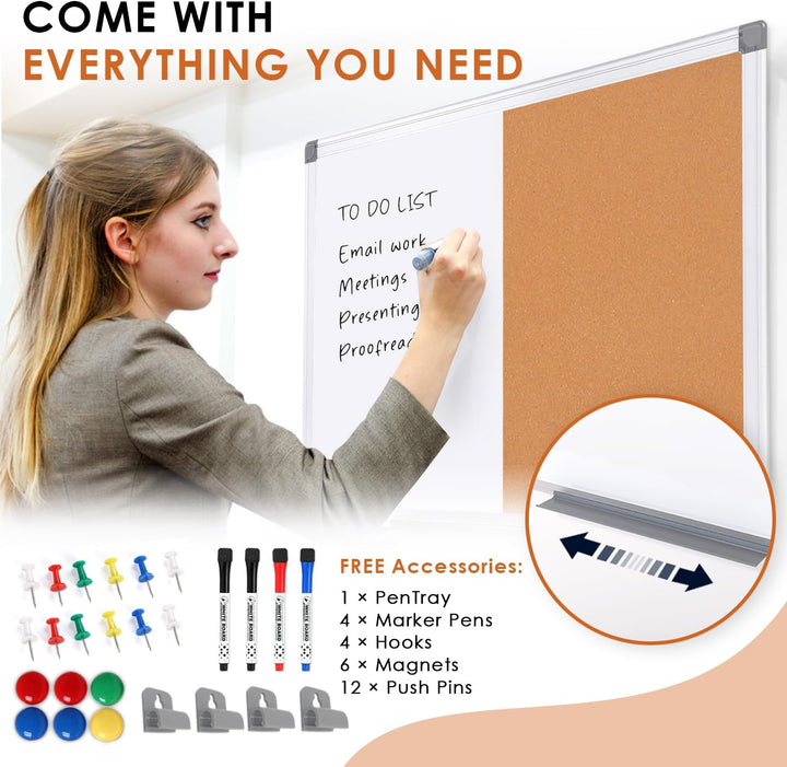 Swansea Whiteboard Magnettafel und Pinnwand Kork mit Aluminiumrahmen für Wohnung, Büro, Küche und Sc