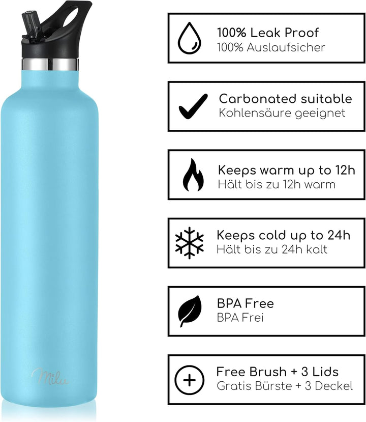 Milu Edelstahl Trinkflasche 350ml 500ml 750ml 1000ml (+3 Deckel) - Thermosflasche mit Strohhalm, Iso