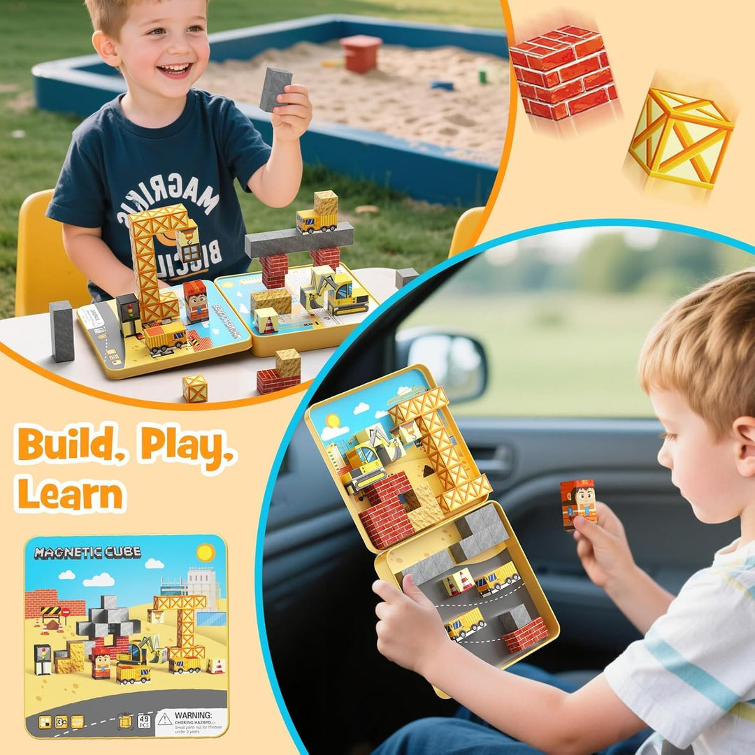 Magnetische Bausteine, 49 Teile Magnetbausteine Reiseset mit Tragbarer Eisenbox für Kinder, Magnetwü