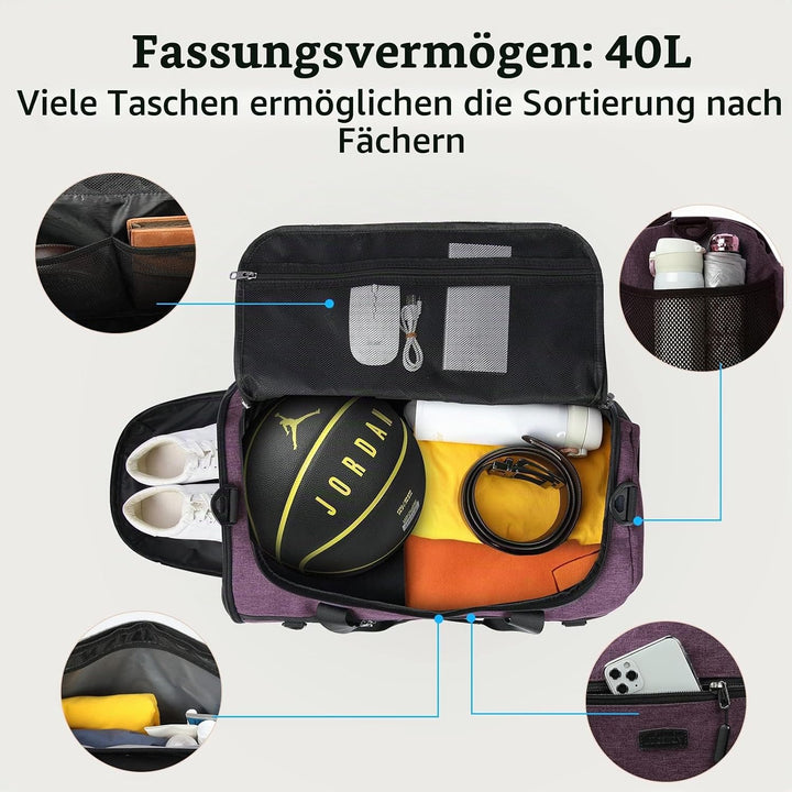 Lubardy Sporttasche Reisetasche Gross 40L Wasserdicht mit Sporthandtuch Schuhfach Nassfach Weekender