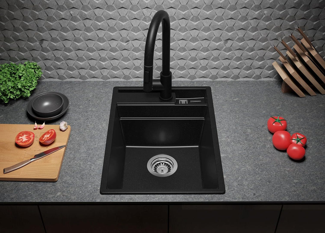 PRIMAGRAN Spülbecken Alles Schwarz 38x53cm, Granitspüle 1 Becken + Ablauf-Set + Küchenzubehörset, Kü