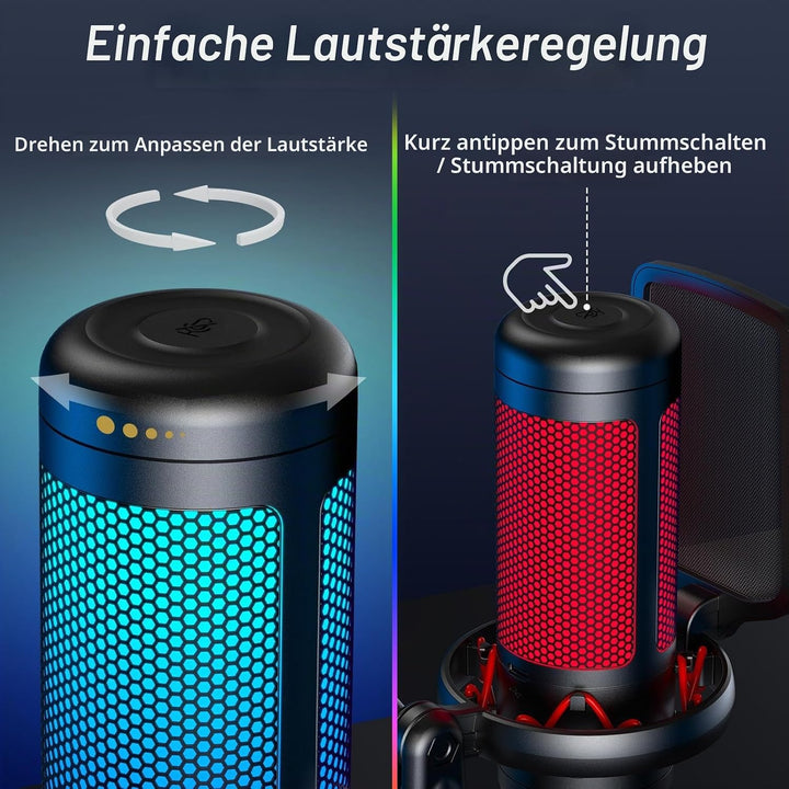 TONOR Gaming Mikrofon PC, USB Microphone für Computer PS4/5, Kondensatormikro mit RGB-Modi &amp; Helligk