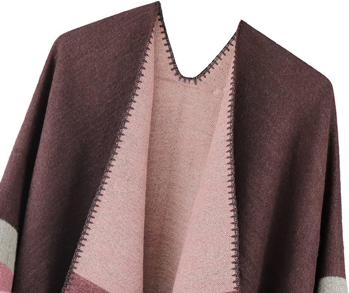 Shmily Girl - Damen Poncho Habe Gestrickt Überdimensionalen Decke Kap-Schal Streifen / Kaffee, Strei