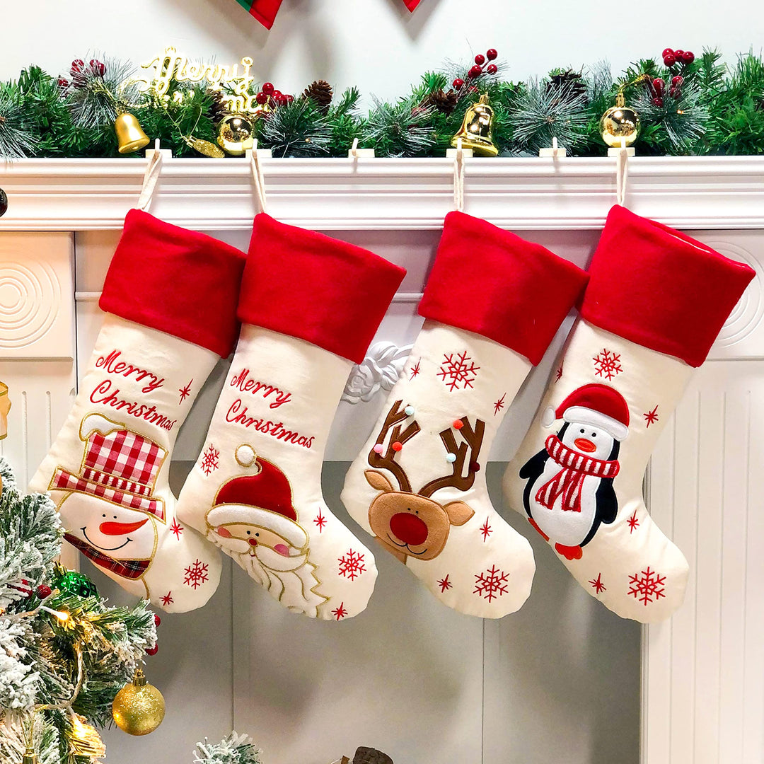 Hopearl Weihnachtsstrümpfe Set 4er - Rustikale Leinen Socken mit Weihnachtsmann, Schneemann, Rentier