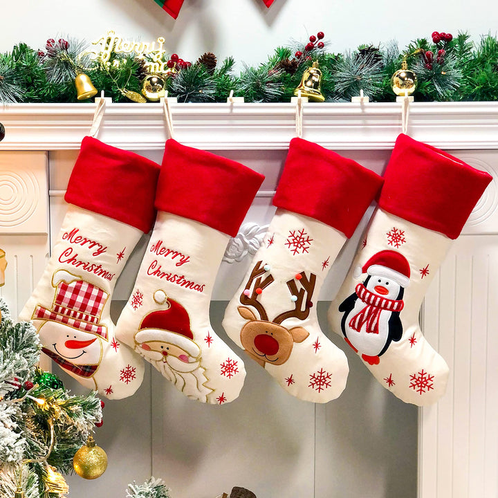 Hopearl Weihnachtsstrümpfe Set 4er - Rustikale Leinen Socken mit Weihnachtsmann, Schneemann, Rentier