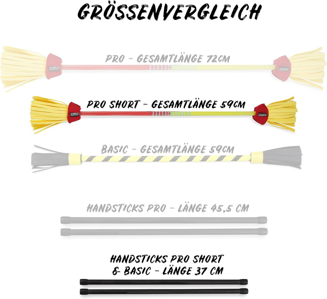 Diabolo Freizeitsport Flowerstick Pro Short (gelb-rot) - kurzer Flowerstick aus Fiberglas inkl. 2 Ha
