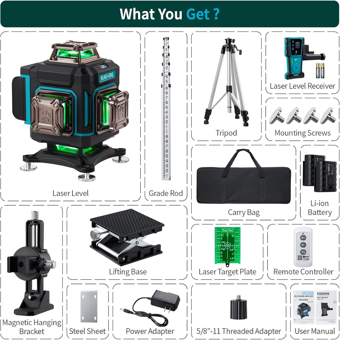 KEZERS Kreuzlinienlaser Set mit Stativ, 4 x 360 Laser-Wasserwaage mit Empfänger und Nivellierlatte f