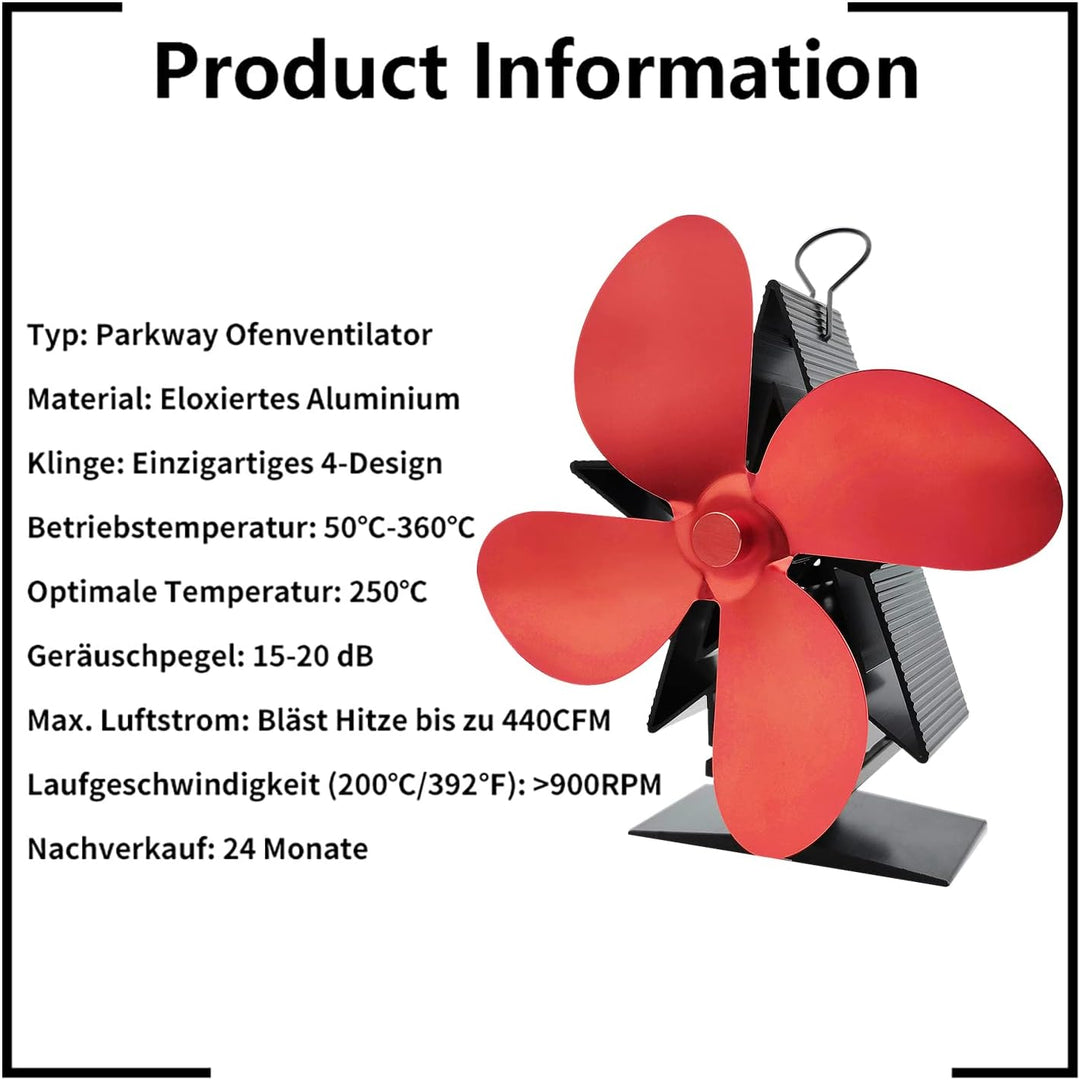 Kaminventilator, Lüfter mit 4 Blättern, hitzebetrieben Ofenventilator, der warme Luft zirkuliert und