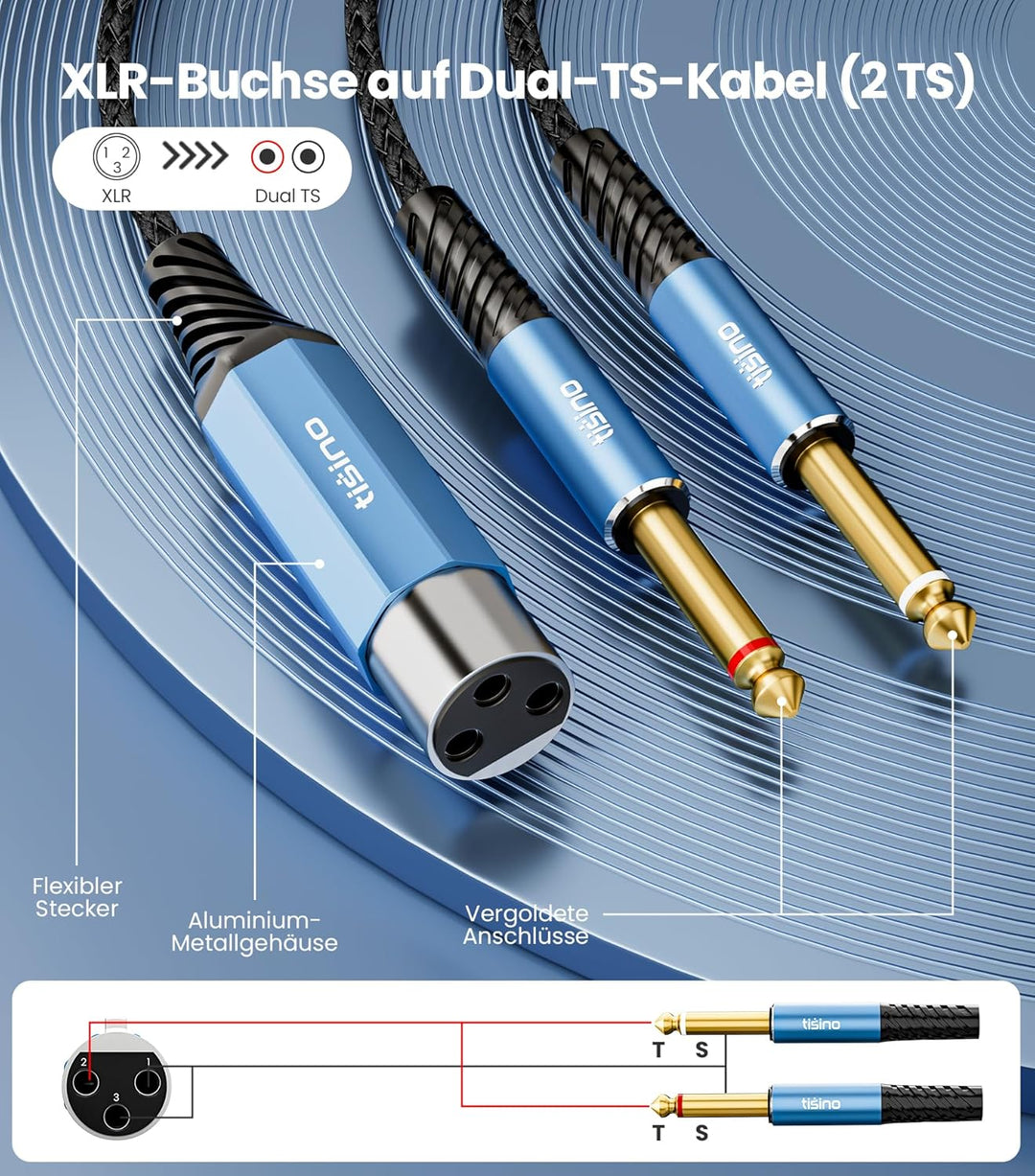 Tisino XLR-Buchse auf Doppelte 6,35mm-TS-Klinkenbuchsen Splitterkabel（3m, XLR-Buchse auf 6,35mm-Mono