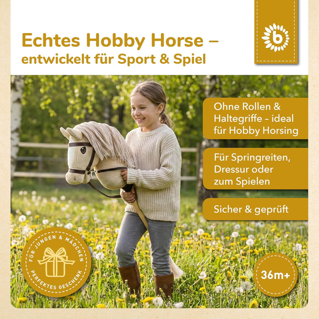 Bieco Hobby Horse Steckenpferd Beige - Grösse S, mit Trense | Abnehmbarer Stock &amp; Schweif, für Sprin