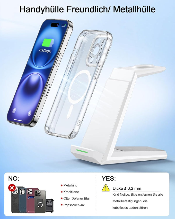 3 in 1 Induktive Ladestation Apple Watch und iPhone, Kabelloses Ladegerät für iPhone 17/16/15/14/13/