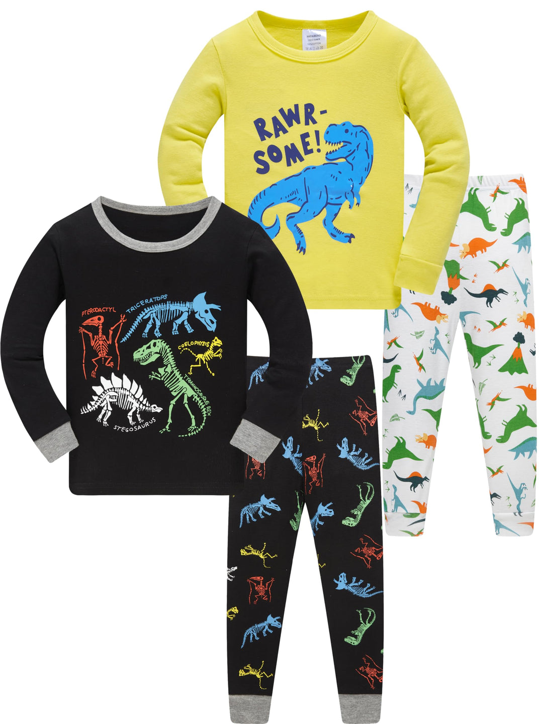 Jungen Pyjama Langarm 4-teilig Kleine Kinder Nachtwäsche Schlafanzug Set 2-14 Jahre 4p-dino Schwarzg