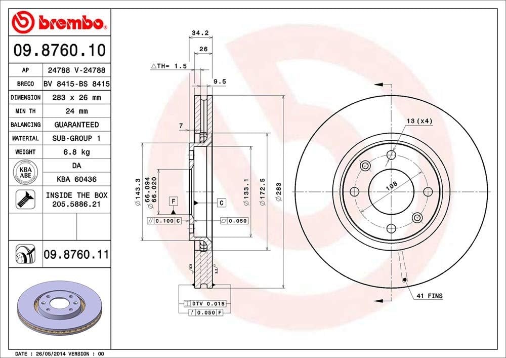 Brembo 09.8760.11 Vordere Bremsscheibe mit UV Lackierung, Anzahl 2