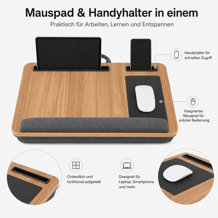 Laptopkissen für Schoss, Bett & Sofa, Laptoptisch mit Kissen, Mauspad, Handyhalter, Handgelenkauflag
