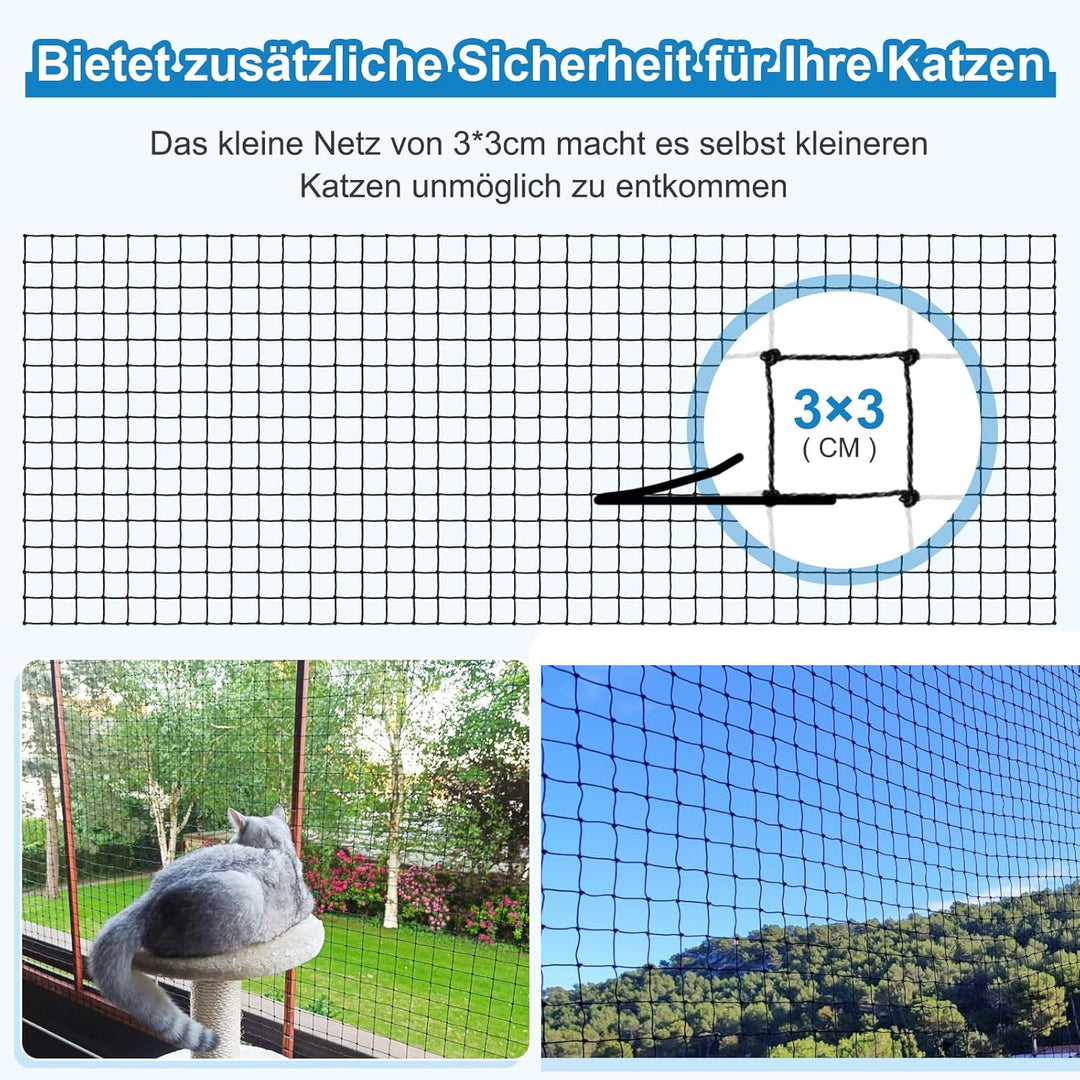 Aystkniet katzennetz für Balkon, 8 x 2 M Katzennetz Drahtverstärkt mit Befestigungsseil | Nägel | Ka