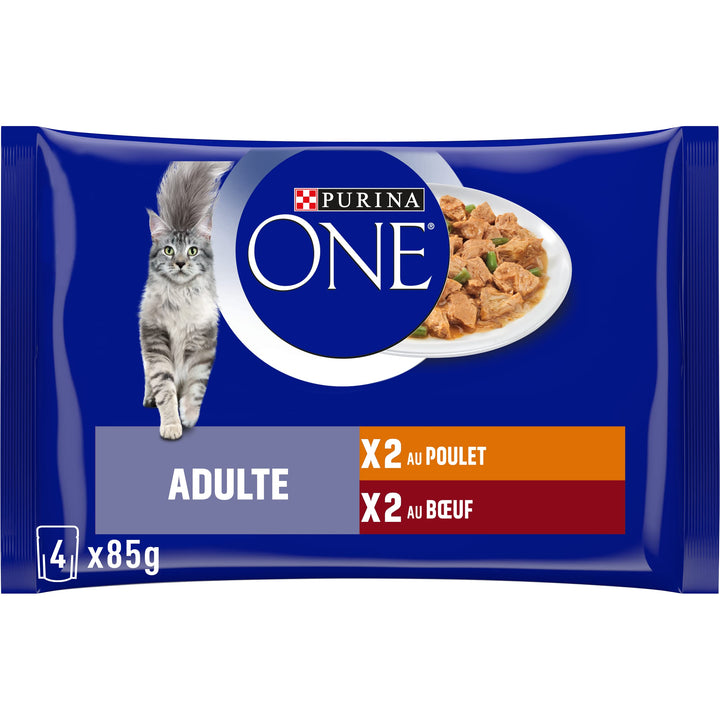 Purina One Schliff in Sauce, Mahlzeit für ausgewachsene Katzen, Hähnchen & Rind, 12 (4 x 85 g), Hähn