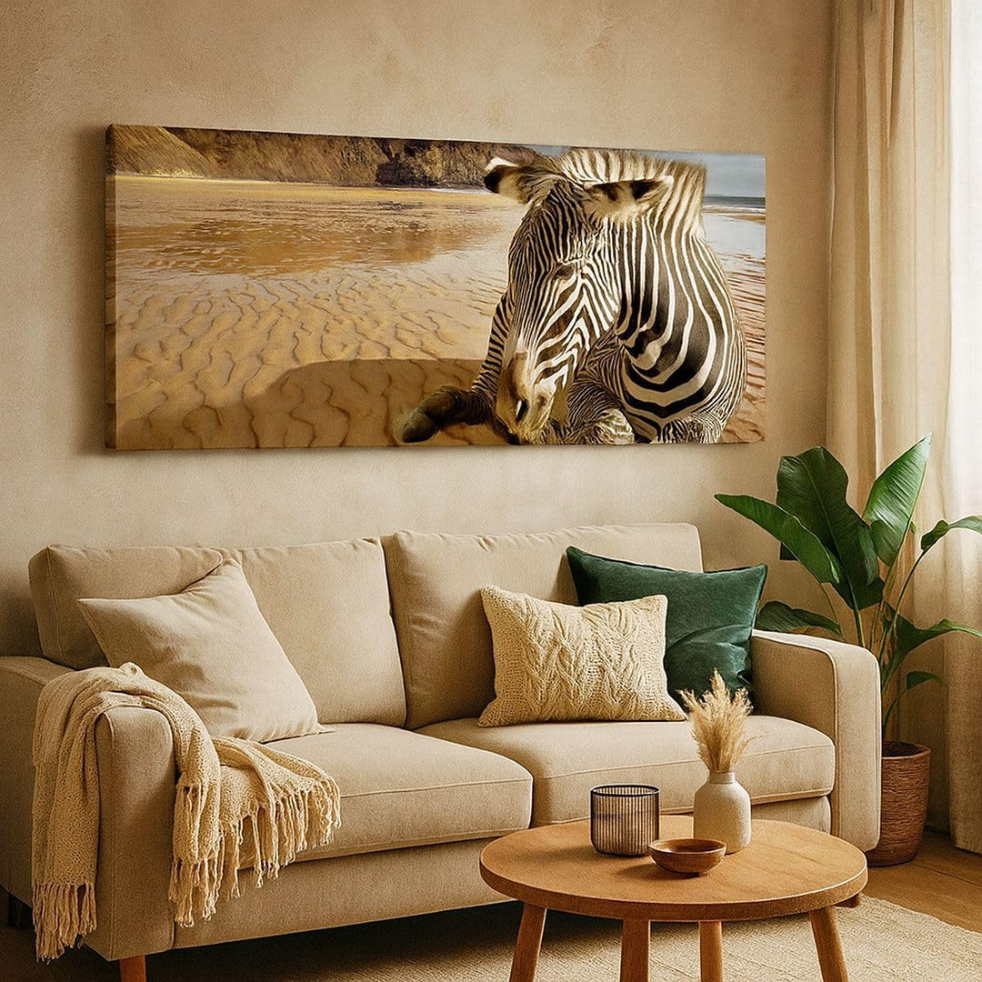 Wandbilder Dekoration Wohnzimmer Zebra Strand Landschaft Panorama Bilder auf Leinwand 120x50cm Leinw