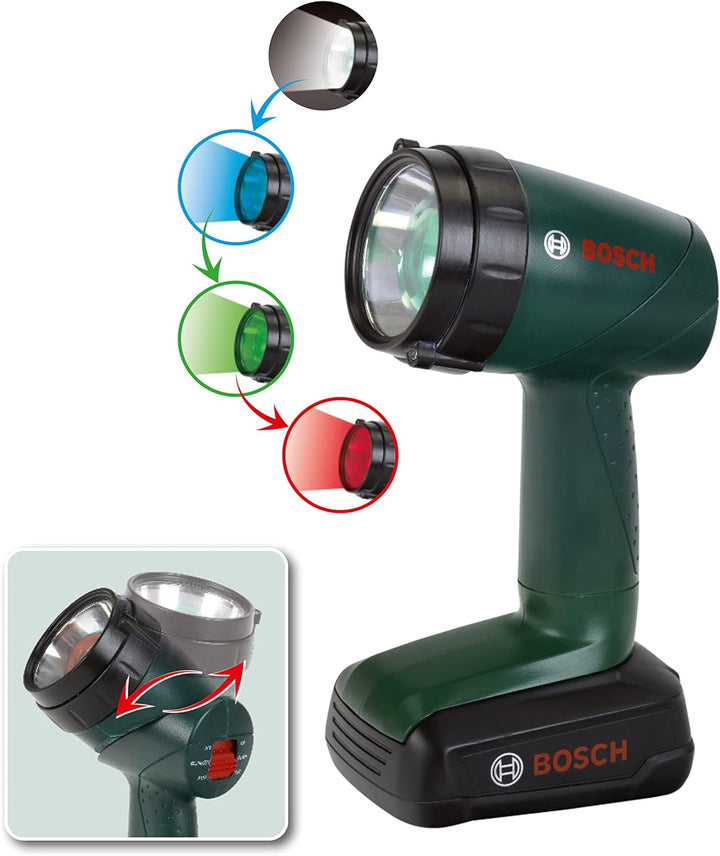 Theo Klein 8448 Bosch Akku-Lampe | Batteriebetriebene Lampe um 90 Grad drehbar | 4 Lichtfarben | Mas
