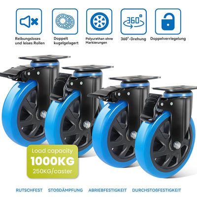 BAOLIHUI 150mm Schwerlastrollen Blau 4er Set Möbelrollen Bis zu 1000KG, 360 Grad Doppelverriegelung
