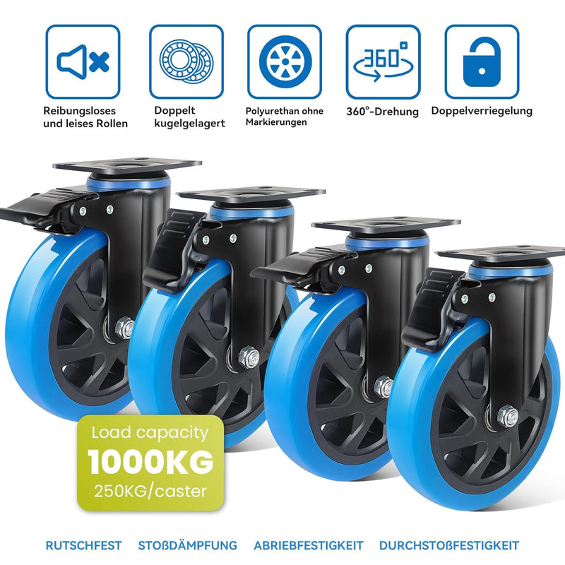 BAOLIHUI 150mm Schwerlastrollen Blau 4er Set Möbelrollen Bis zu 1000KG, 360 Grad Doppelverriegelung