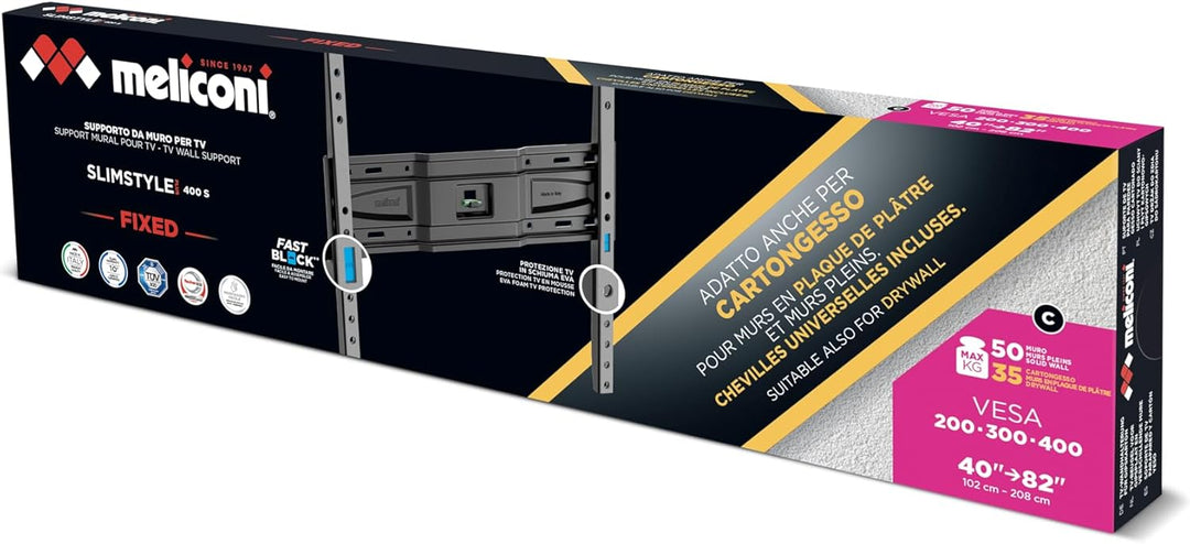 Meliconi Slimstyle Plus 400 S, Feste TV-Wandhalterung, auch geeignet für Gipskarton, für TV von 40 Z
