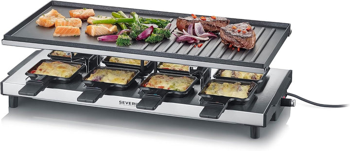 SEVERIN Raclette-Grill, Raclette mit grosser antihaftbeschichteter Grillplatte und 8 Raclette Pfännc