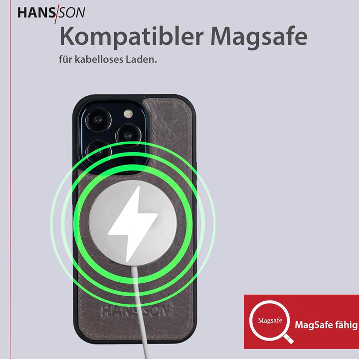 HANS/SON Echtlederhülle in Grau | iPhone 14 Pro Ledercase | Schutz vor Stürzen und Stössen | Magsafe