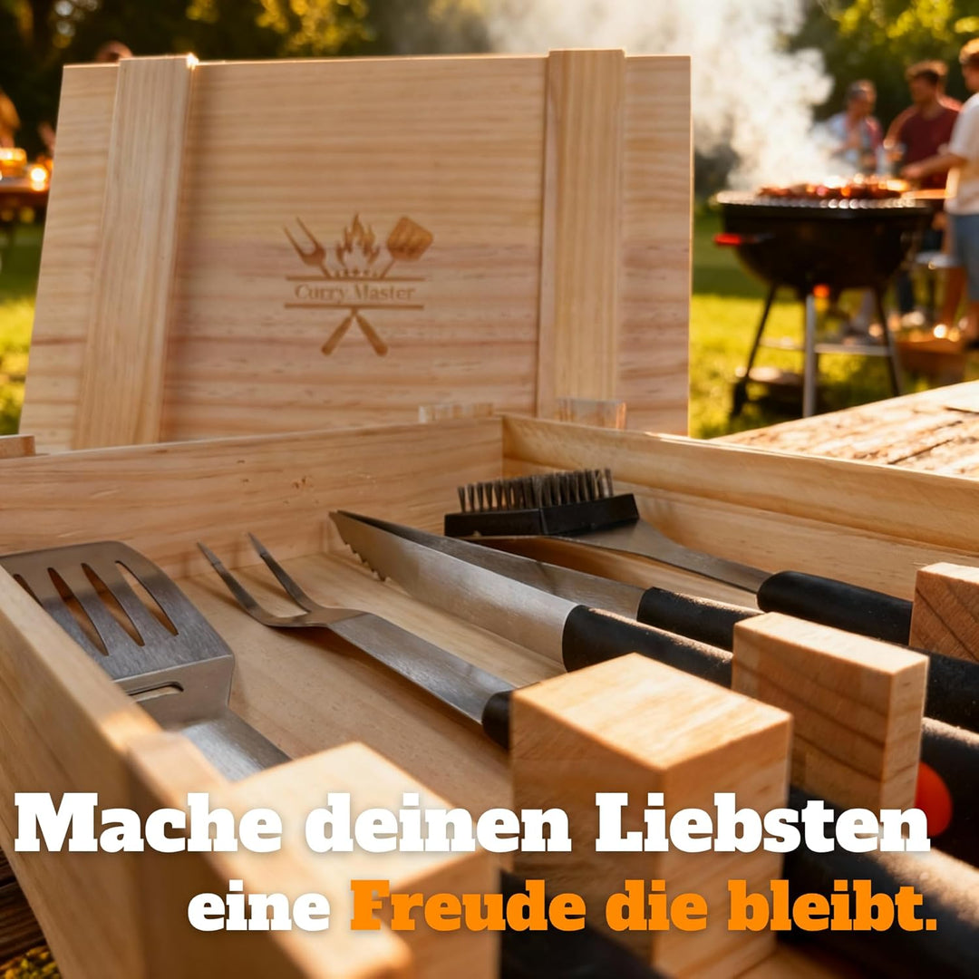 Grillset für Männer Geschenk in Holzkiste – Grillbesteck Set aus Edelstahl - 3-in-1 Spachtel & Reini