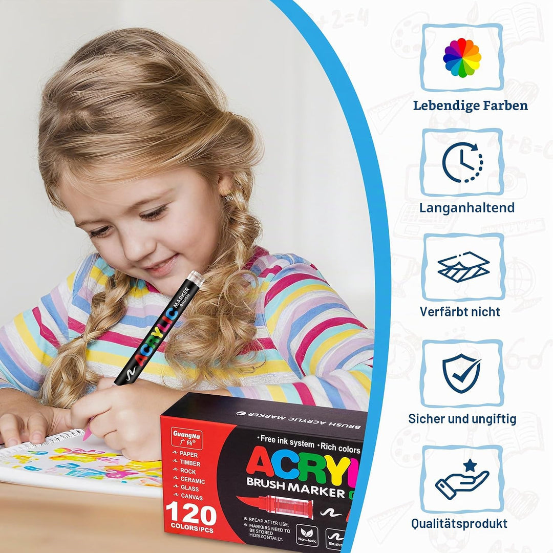 Guangna 120 Farben Acrylstifte Marker Set für Stoff, Leinwand, Glas, Holz und Papier, 120