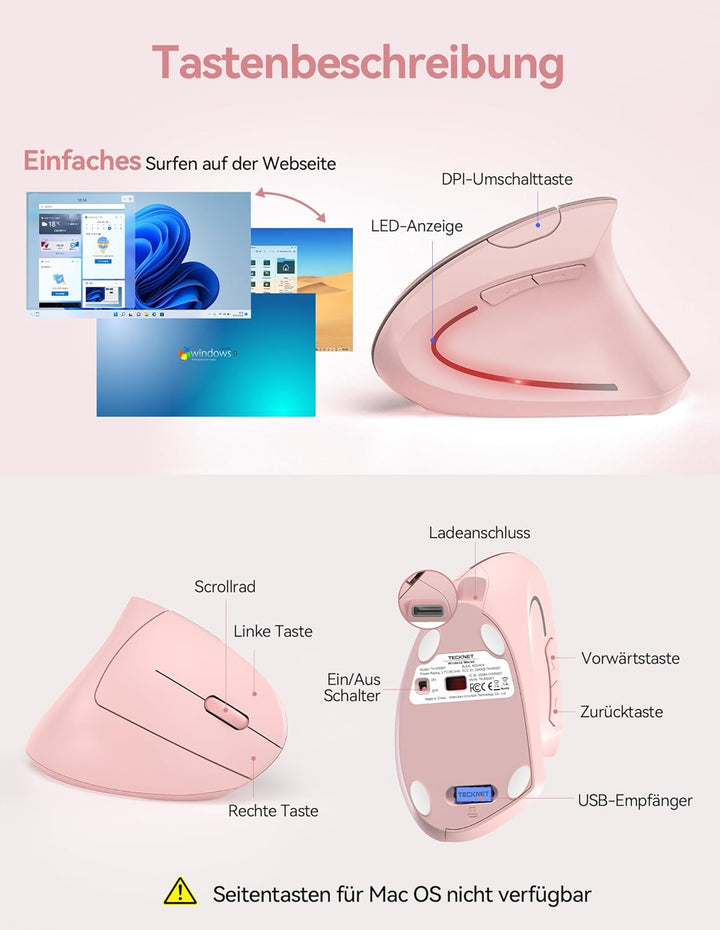 TECKNET Wiederaufladbar Ergonomische Maus Kabellos, 2.4G Optische Vertikale Maus Ergonomisch, 5 Eins