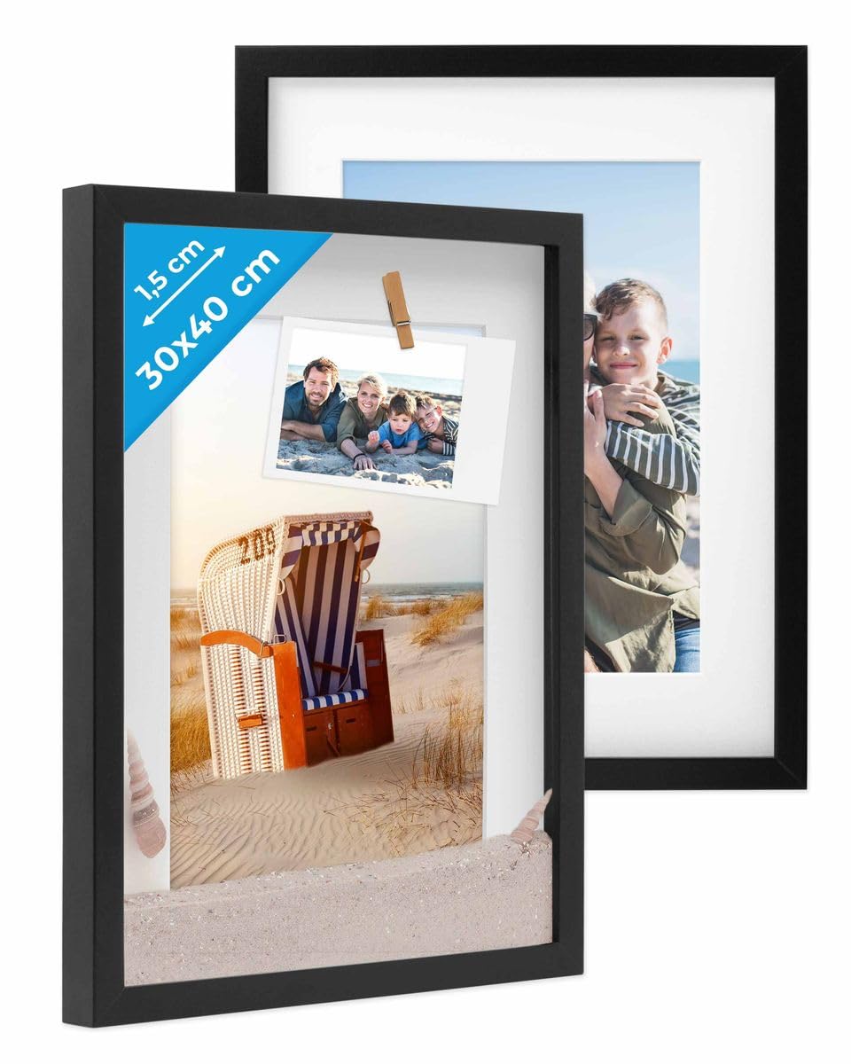 PHOTOLINI 3D Bilderrahmen zum Befüllen 30x40 Schwarz gross, 1,5 cm tiefer Objektrahmen mit Glas, 2X