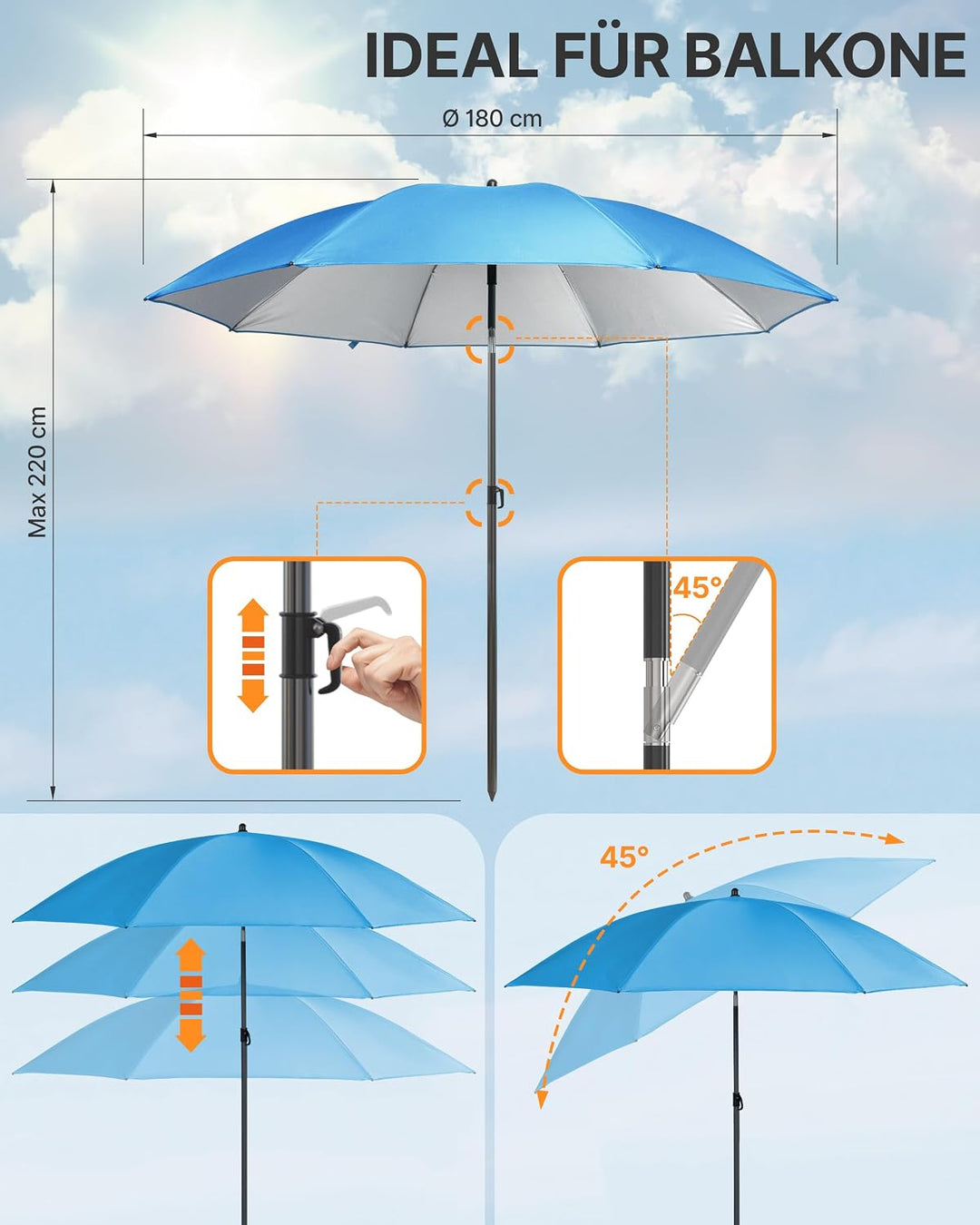 4smile Strandschirm SunnyJoy, Ø 180 cm Blau - UPF 50+ Sonnenschirm Strand, Sonnenschirm Balkon - Str