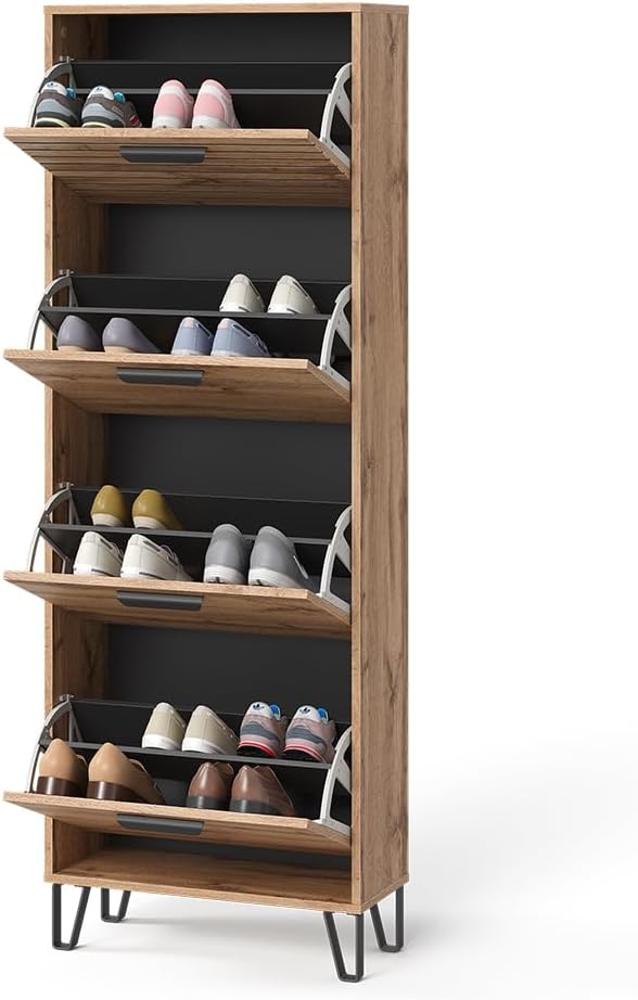 Vicco Schuhkipper Amber, Eiche Wotan, 60 x 168 cm mit 4 Fächern Schuhschrank, 4 Fächern, Schuhschran