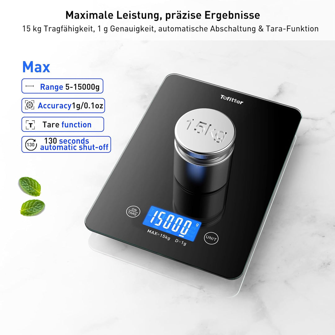 Digitale Küchenwaage, Lebensmittelwaage, 15 kg, hohe Genauigkeit, 1 g, USB wiederaufladbar, 2 AAA-Tr