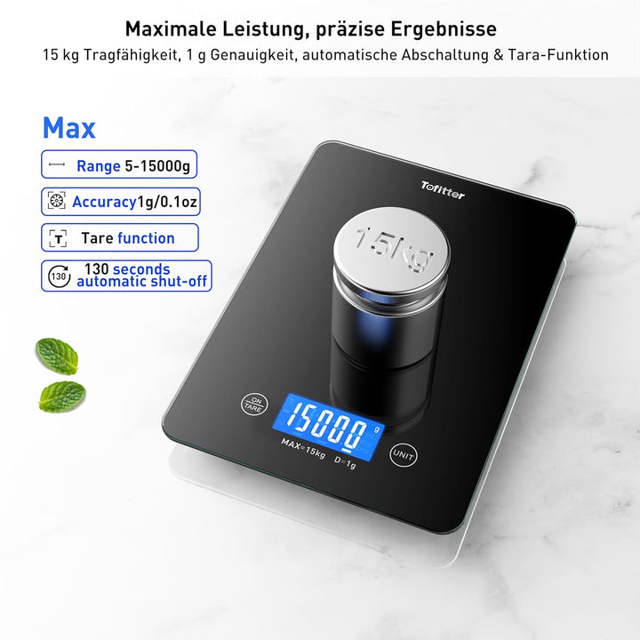 Digitale Küchenwaage, Lebensmittelwaage, 15 kg, hohe Genauigkeit, 1 g, USB wiederaufladbar, 2 AAA-Tr