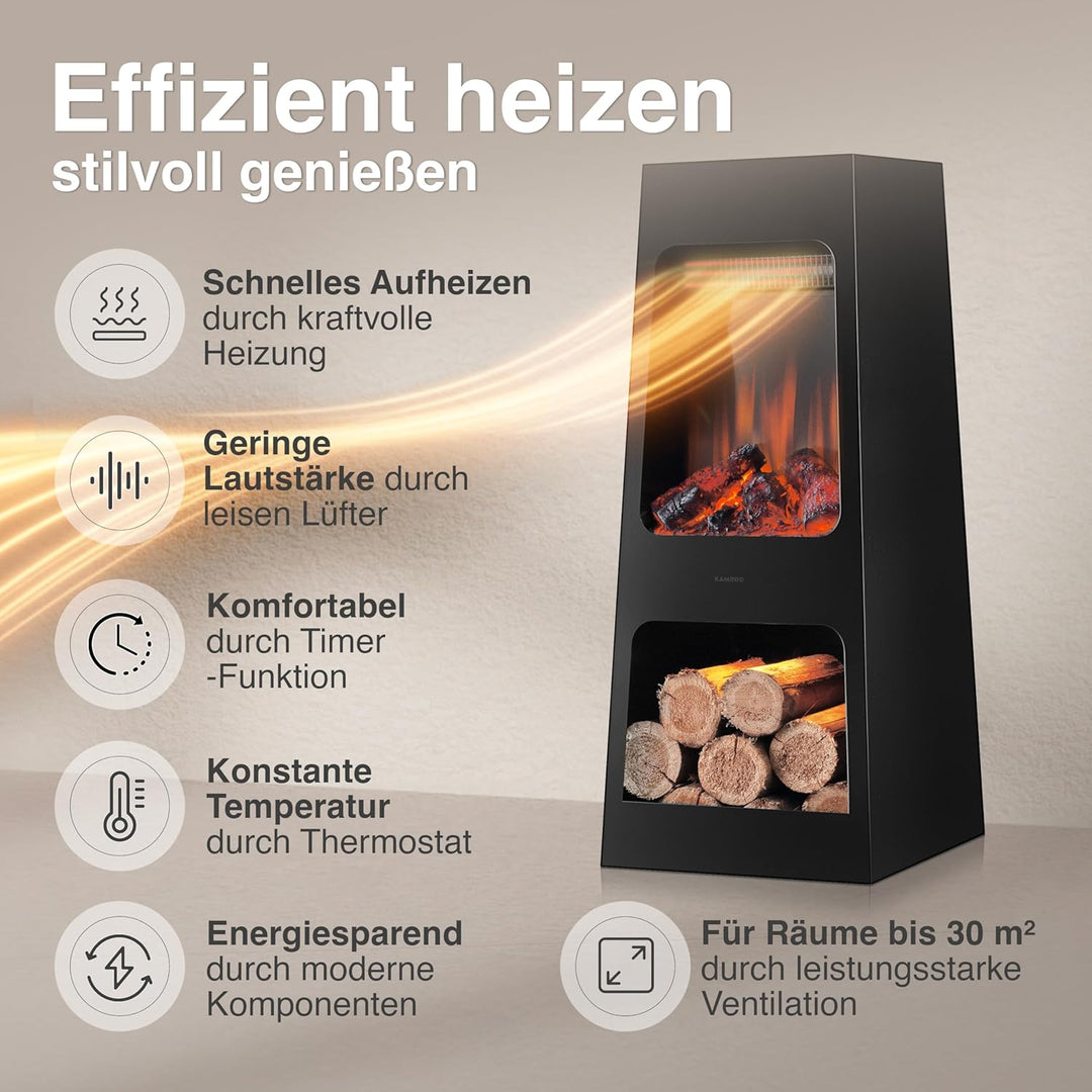 KAMINIO Elektrischer Gartenkamin Kai - Elektro Terrassenofen mit Heizung, 3D-Flammeneffekt, Holzfach
