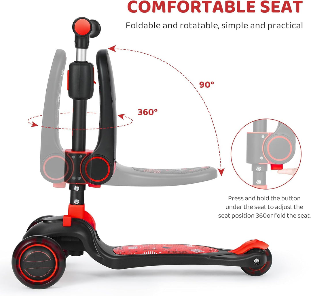 Kinderroller mit 360° drehbarem Sitz, stufenlose Höhenverstellung, Scooter mit LED-Rädern, Faltbarer