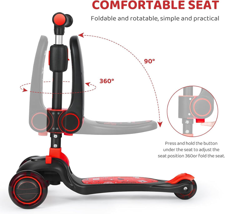 Kinderroller mit 360° drehbarem Sitz, stufenlose Höhenverstellung, Scooter mit LED-Rädern, Faltbarer