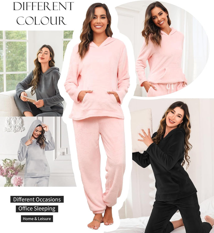 Lovasy Fleece Schlafanzug Damen Lang Winter Warmer Pyjama Set Flauschiger Frottee Schlafanzüge für D