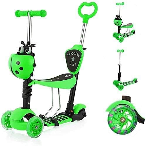 YOLEO 5-in-1 Kinder Roller Scooter mit Abnehmbarer Karikaturkorb Sitz Schubstange LED grosse Räder B