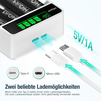 HiQuick Universal Akkuladegerät mit 8 AA Akkus, Ladegerät für NI-MH/NI-CD Mignon AA Micro AAA Akku,
